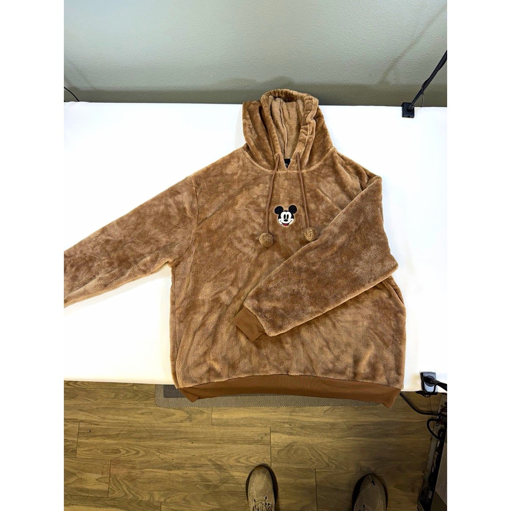 Disney Mickey Mouse Brown Fuzzy Fleece Pullover Hoodie Women Plus 2X RN117508